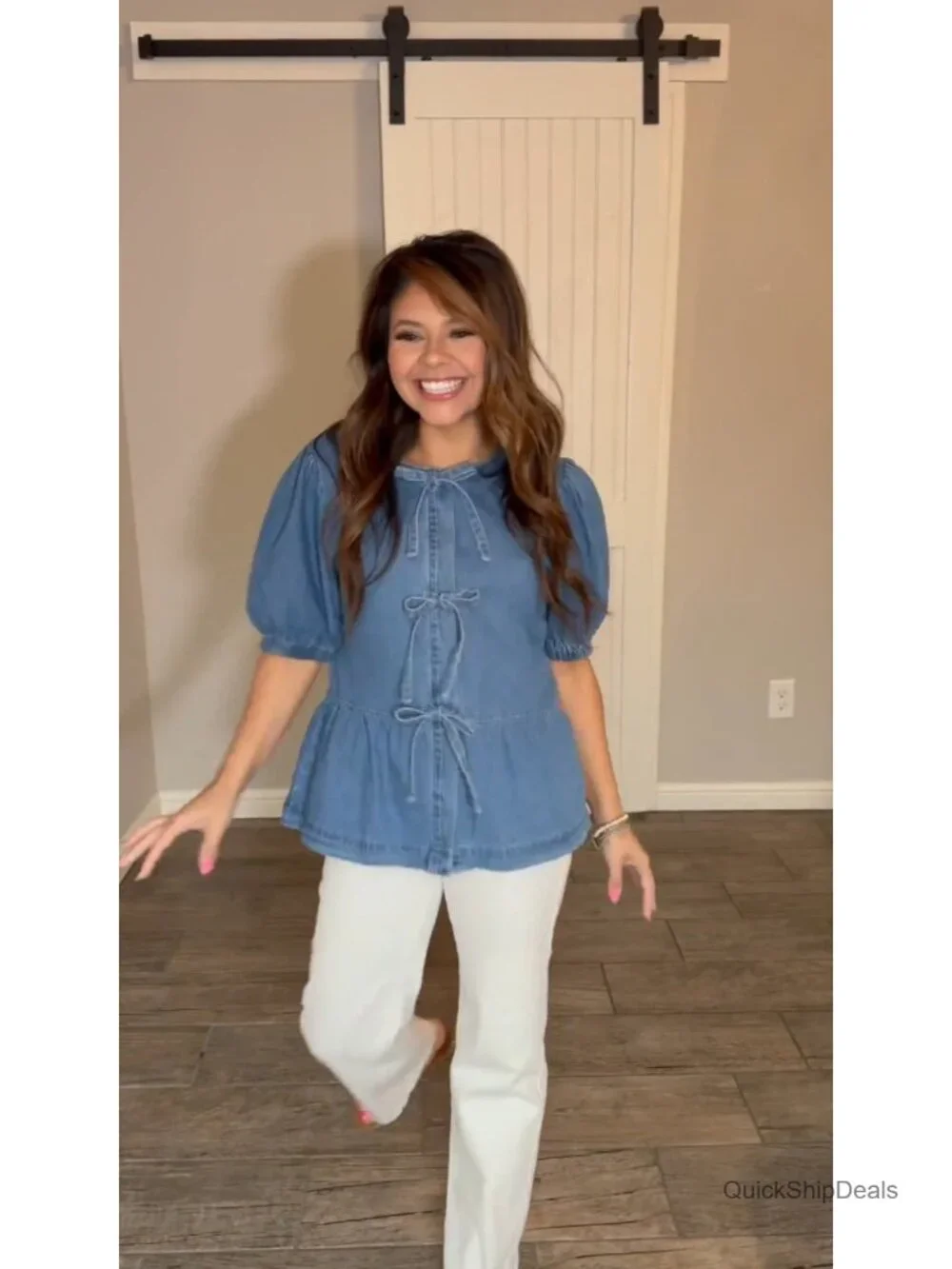 Womens Denim Tie Front Babydoll Peplum Puff Sleeve Jean Shirt Blouse